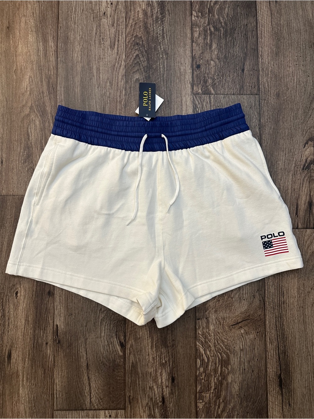 Polo Ralph Lauren Logo Flag Fleece Drawstring Shorts Women’s Size XL White Blue